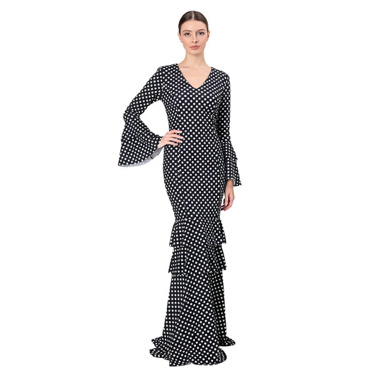 Flamenco Dress Woman Long - Sevillana Adult with Polka Dots and Bell Sleeves - Elegant Andalusian Costume for Fair and Dance