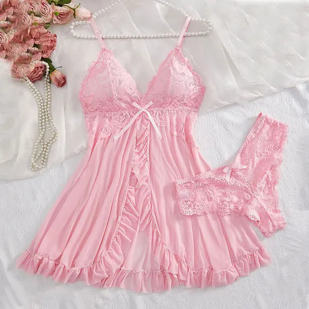 Vestido de Noite Sexy de Renda Transparente - Lingerie de Verão para Mulher, Pijama em V Macio e Ajustado - Roupa de Dormir & Vestidos