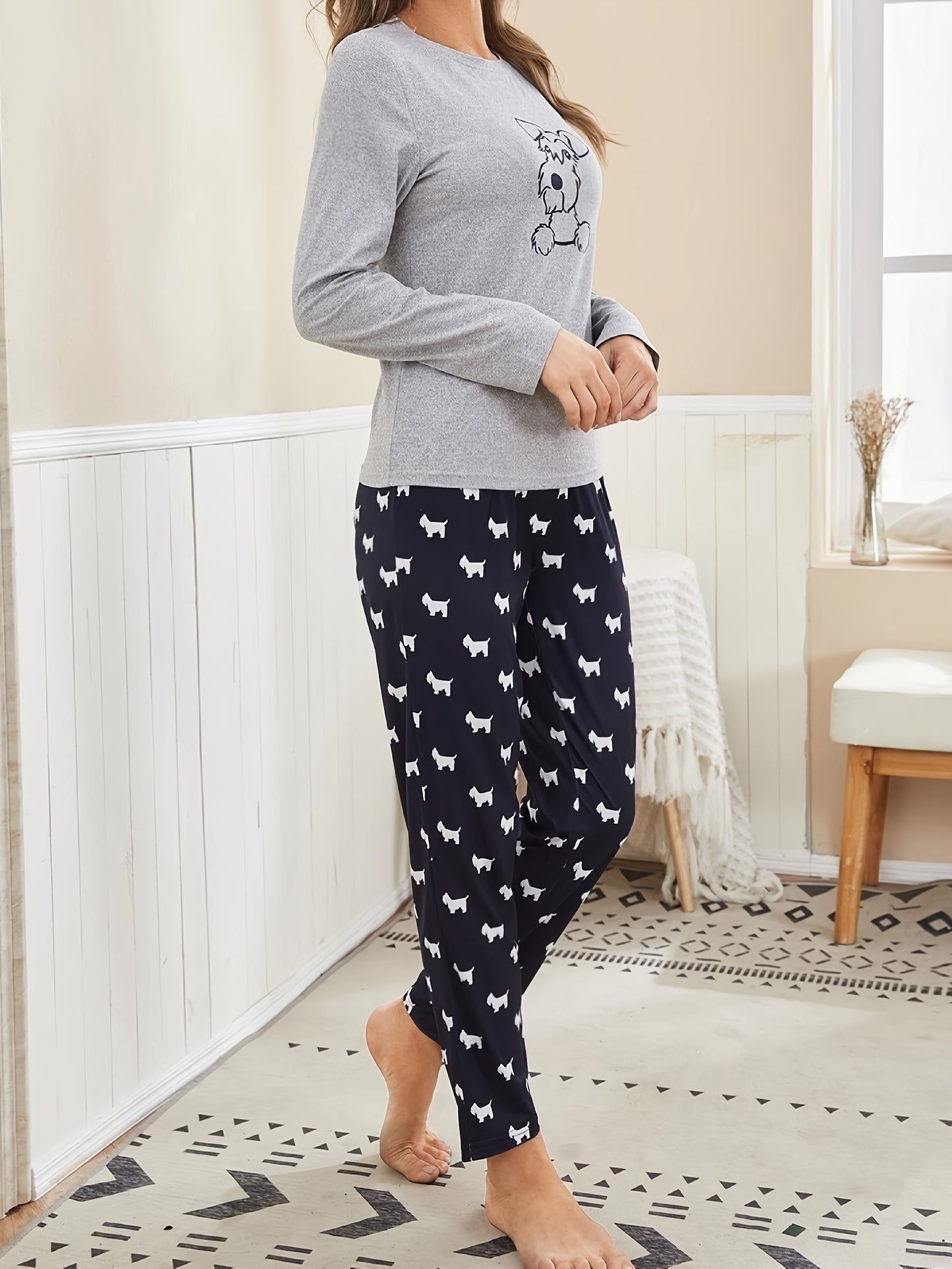 Pijama con estampado de perro, camiseta de manga larga con cuello redondo y pantalones con cintura elástica