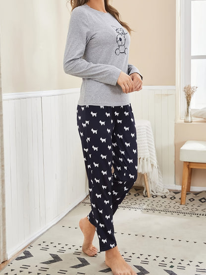 Pijama con estampado de perro, camiseta de manga larga con cuello redondo y pantalones con cintura elástica