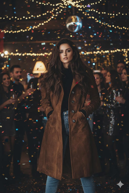 Women's long western-style trench coat, ideal for autumn and winter, with a turn-down collar