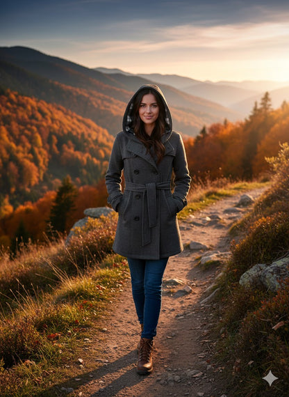 Casaco de lã feminino estilo britânico com cinto de trespassar