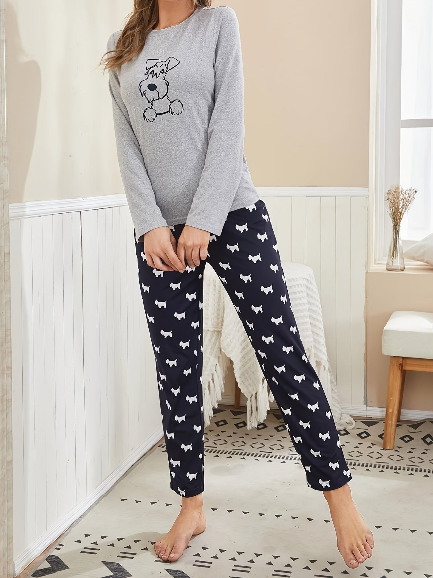 Pijama con estampado de perro, camiseta de manga larga con cuello redondo y pantalones con cintura elástica