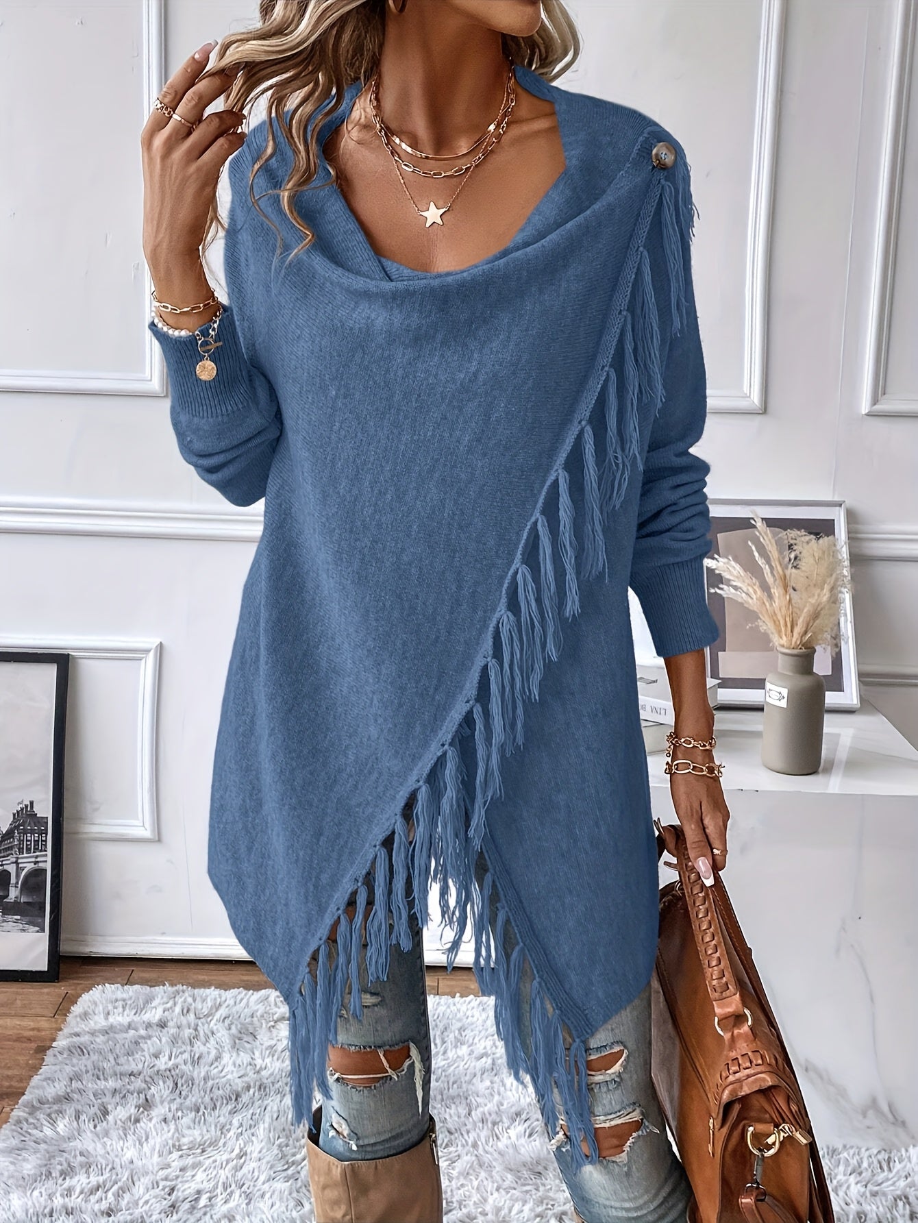 Xaile decorativo com franjas e borlas – Gola drapeada elegante