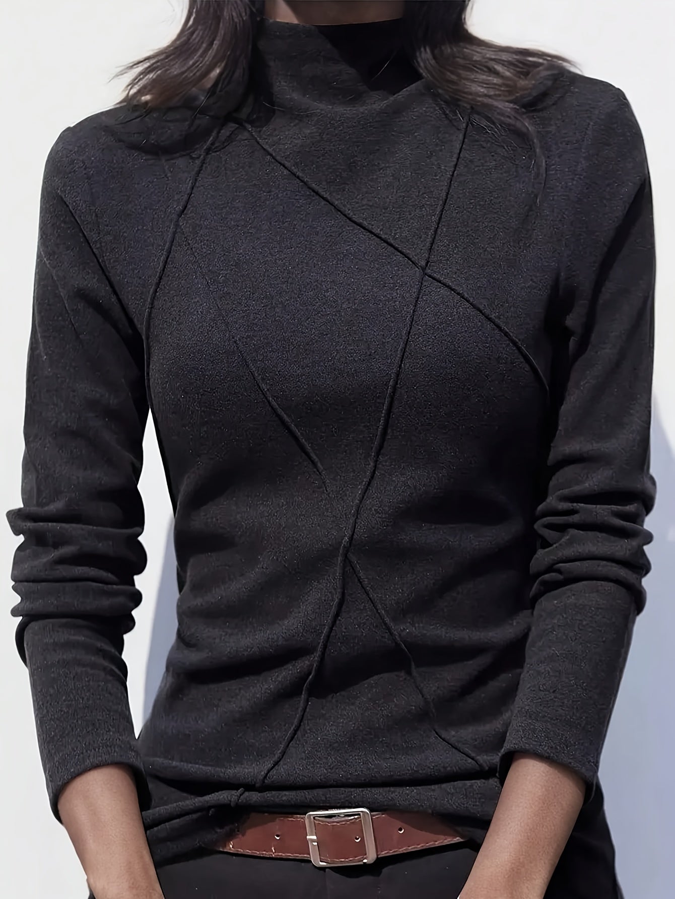 Camiseta jersey térmica de terciopelo con Cuello Redondo y Diseño Patchwork para Mujer