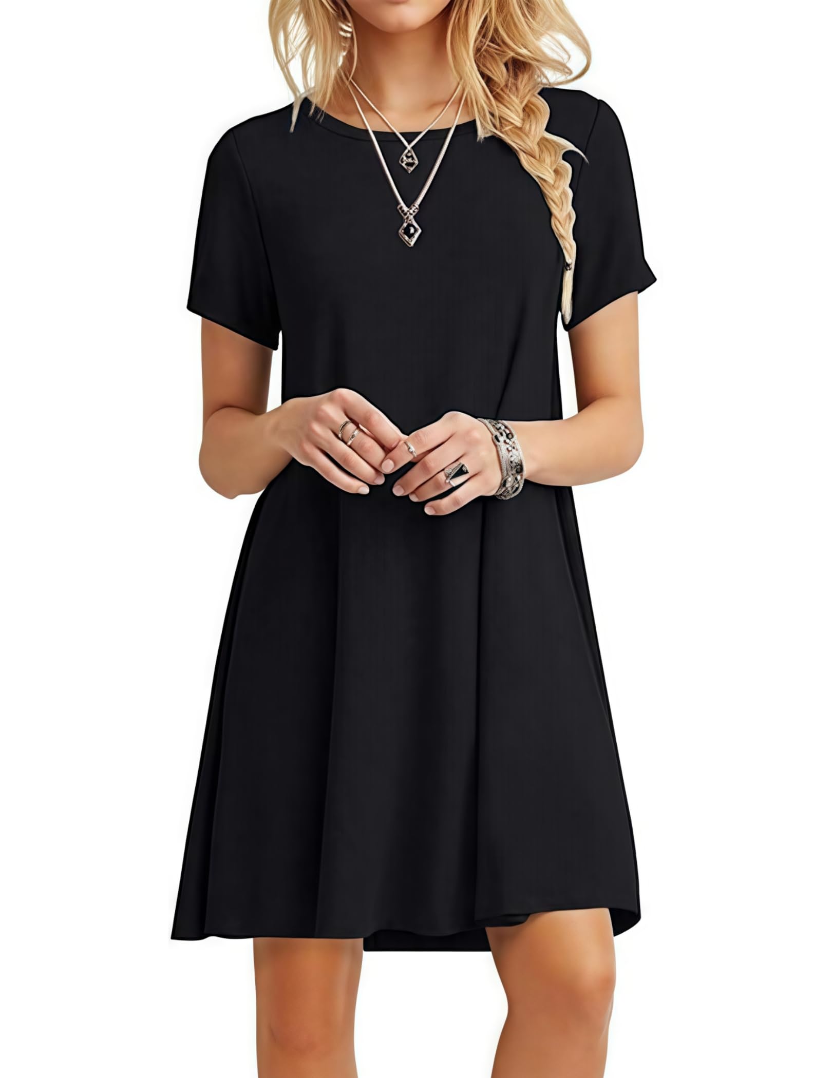 Zeagoo T Shirt Vestidos Señoras con Bolsillos Luz Airy Playa Vestido Cuello Redondo Manga Corta Rodilla Longitud Básica-Vestidos Ejército