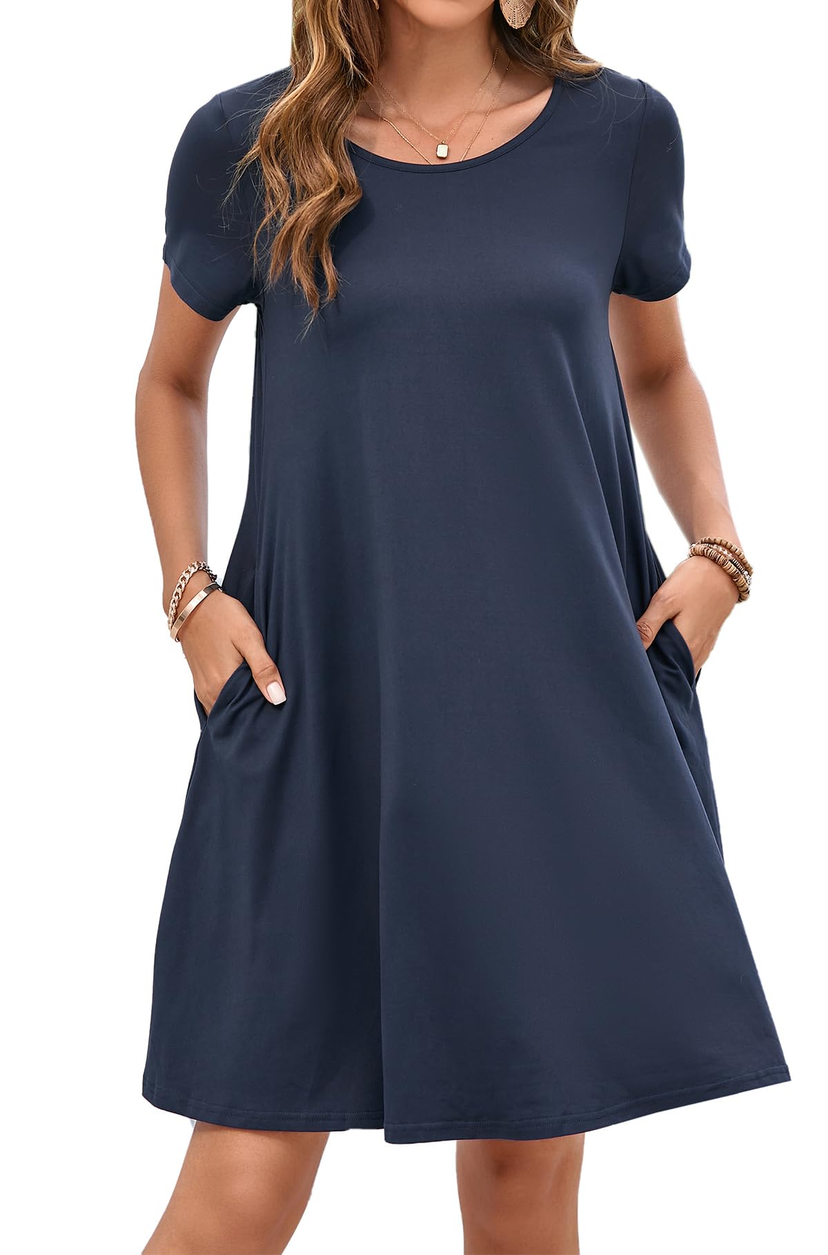 Enmain T-shirt Dress Women Short Sleeve Tunic Dress Summer with Pockets Casual Boho Knee Length Dresses for Women