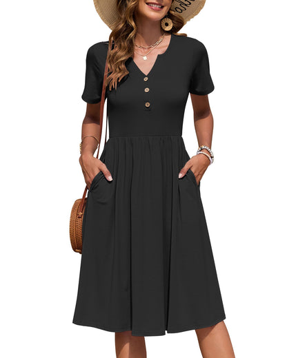 AUSELILY Women's Short Sleeve Summer Dress Knee Length Pockets | V Neck, Empire Casual Style, Button Down Dresses