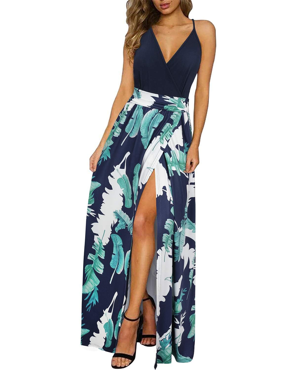 Newshows Women's Summer Dress V Neck Long Slit Maxi Elegant Wedding Guest Dress
