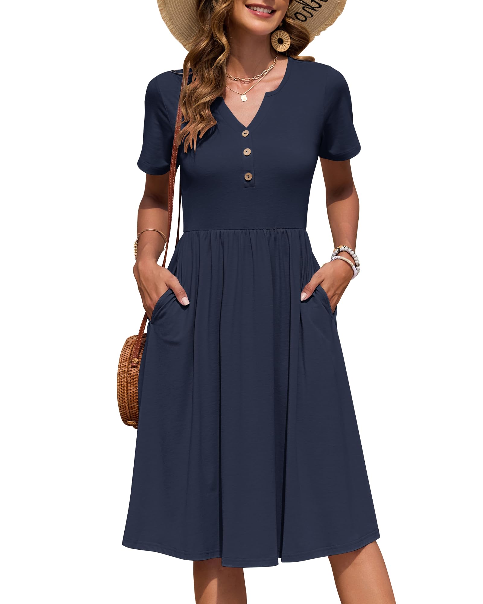 AUSELILY Women's Short Sleeve Summer Dress Knee Length Pockets | V Neck, Empire Casual Style, Button Down Dresses