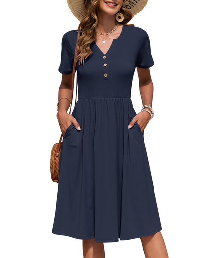 AUSELILY Women's Short Sleeve Summer Dress Knee Length Pockets | V Neck, Empire Casual Style, Button Down Dresses