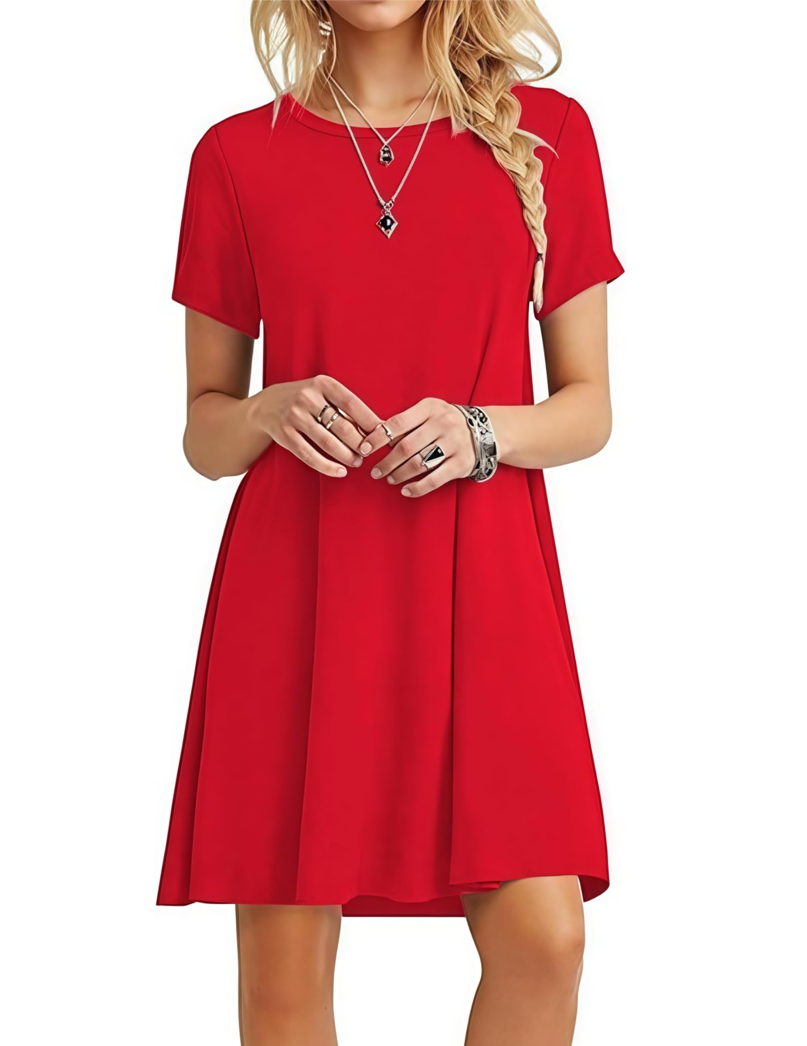 Zeagoo T Shirt Vestidos Señoras con Bolsillos Luz Airy Playa Vestido Cuello Redondo Manga Corta Rodilla Longitud Básica-Vestidos Ejército