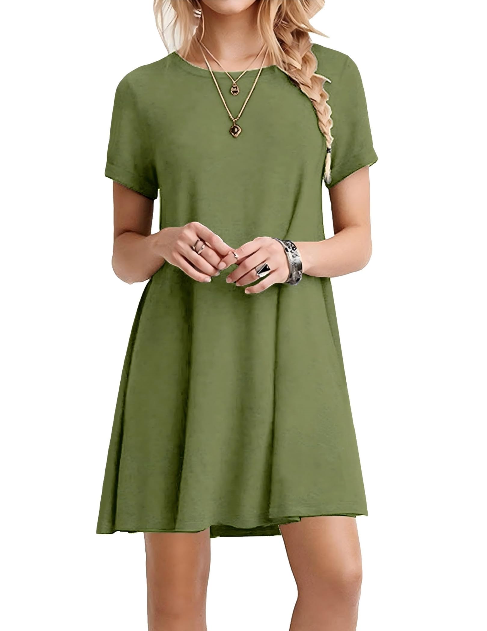 Zeagoo T Shirt Vestidos Señoras con Bolsillos Luz Airy Playa Vestido Cuello Redondo Manga Corta Rodilla Longitud Básica-Vestidos Ejército