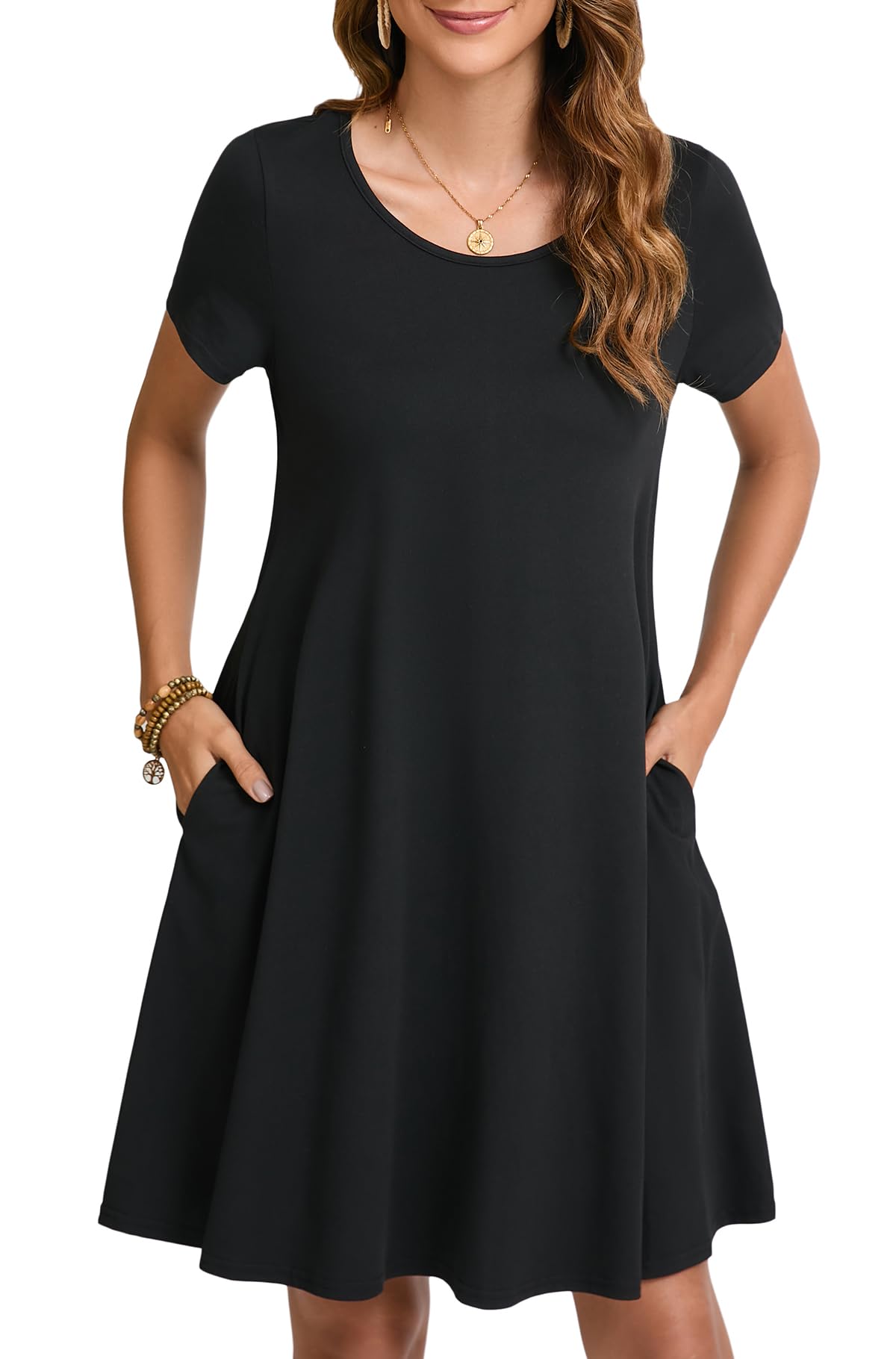 Enmain T-shirt Dress Women Short Sleeve Tunic Dress Summer with Pockets Casual Boho Knee Length Dresses for Women