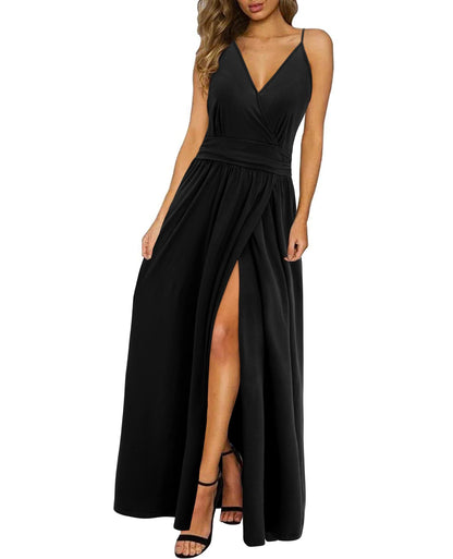 Newshows Women's Summer Dress V Neck Long Slit Maxi Elegant Wedding Guest Dress