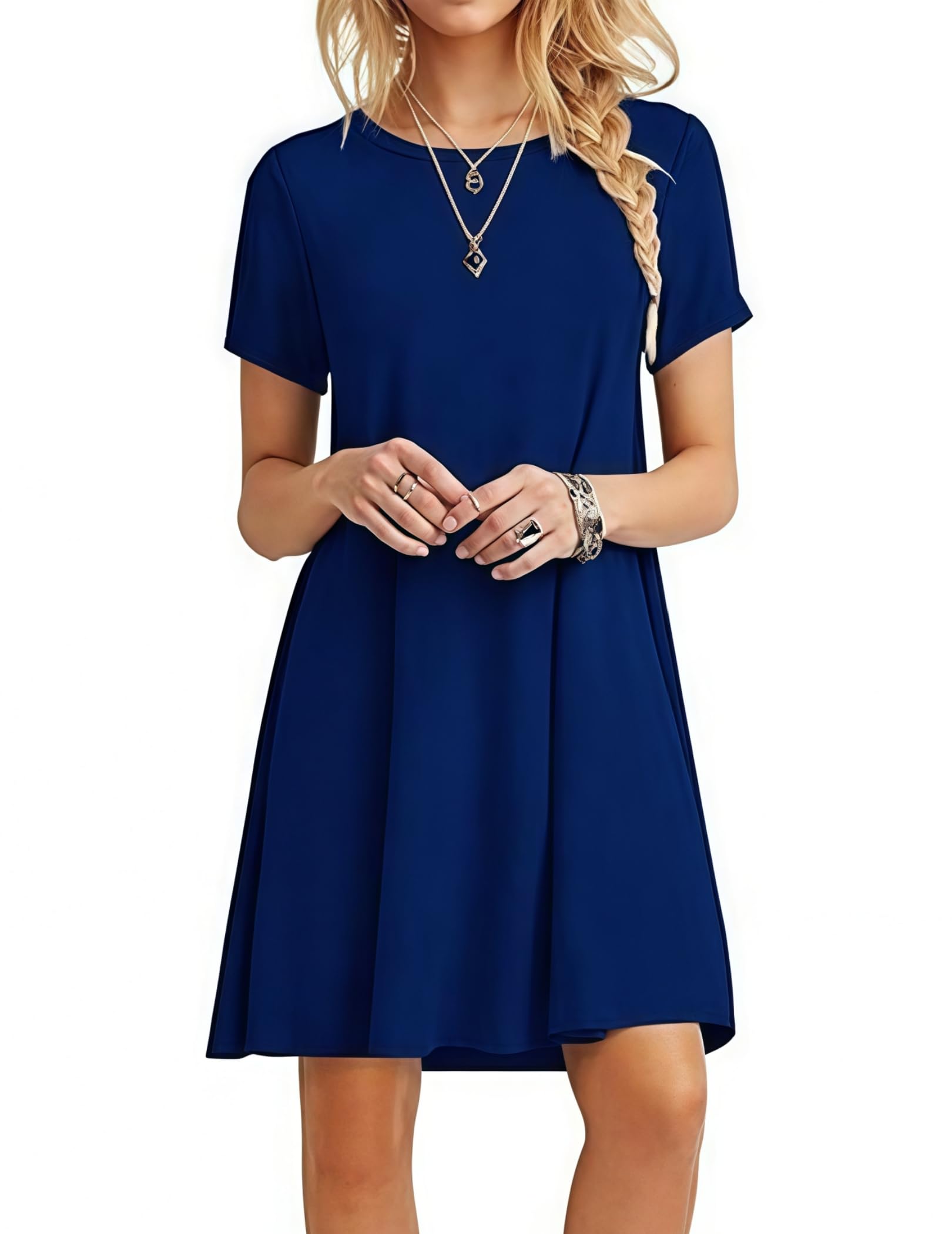 Zeagoo T Shirt Vestidos Señoras con Bolsillos Luz Airy Playa Vestido Cuello Redondo Manga Corta Rodilla Longitud Básica-Vestidos Ejército