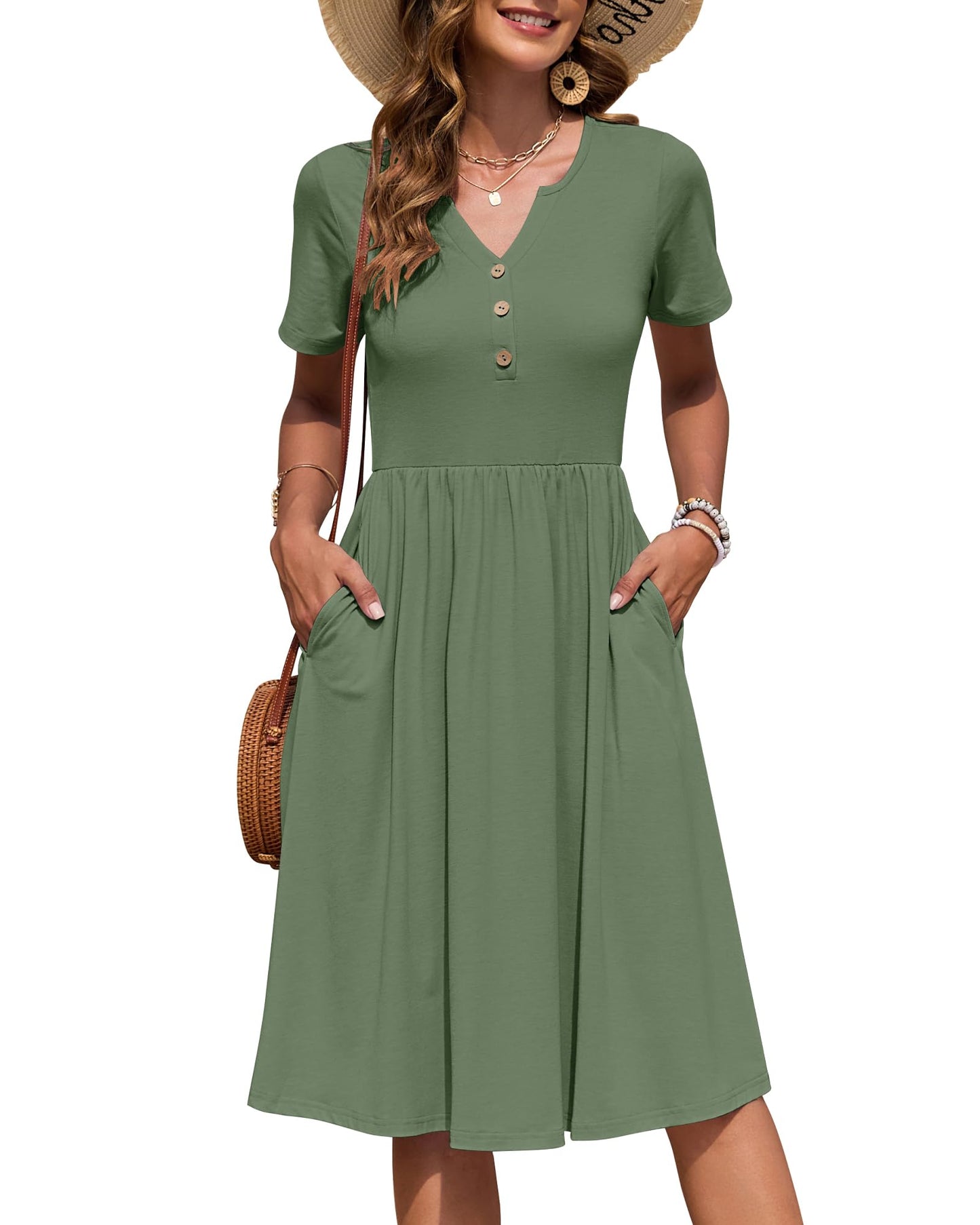 AUSELILY Women's Short Sleeve Summer Dress Knee Length Pockets | V Neck, Empire Casual Style, Button Down Dresses