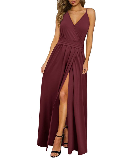 Newshows Women's Summer Dress V Neck Long Slit Maxi Elegant Wedding Guest Dress