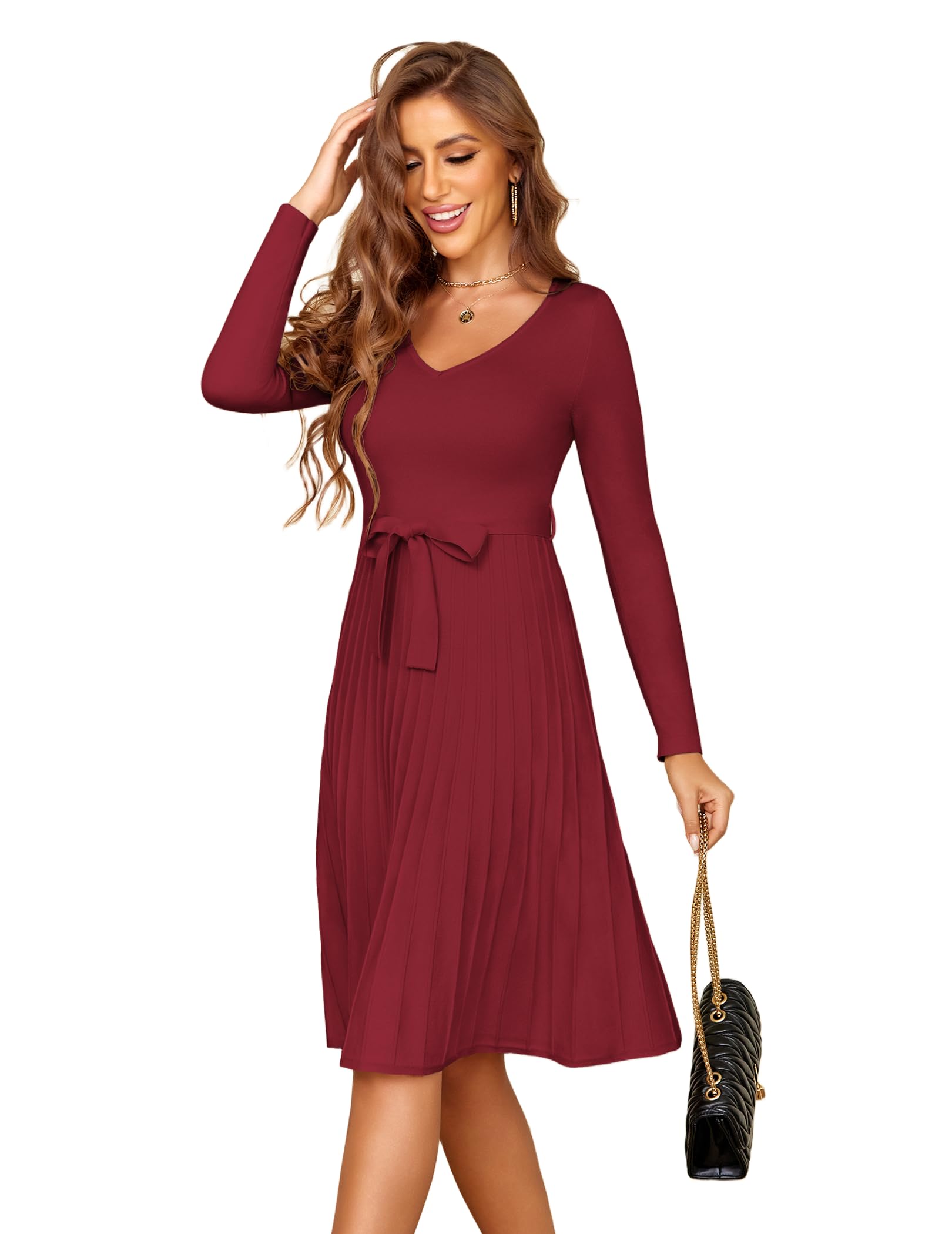 Zeagoo Vestido de punto para mujer, cuello en V, manga larga, vestido de invierno, línea A, plisado, elegante, túnica con cinturón, S-XXL