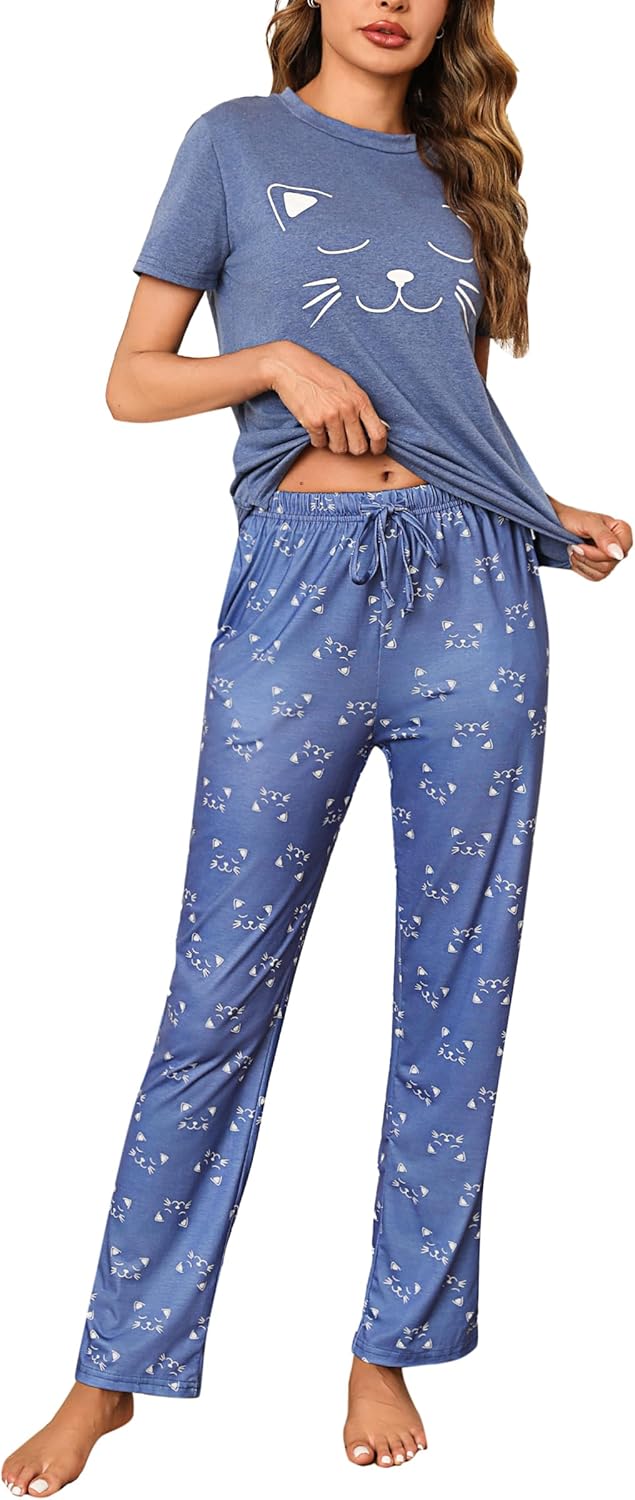 Litherday Pijama Mujer Algodón Invierno Pantalon Largo Manga Corta Ropa De Dormir Pijamas Estampados de Mujer Conjuntos de Pijama Ligero 2 Piezas S-XXL