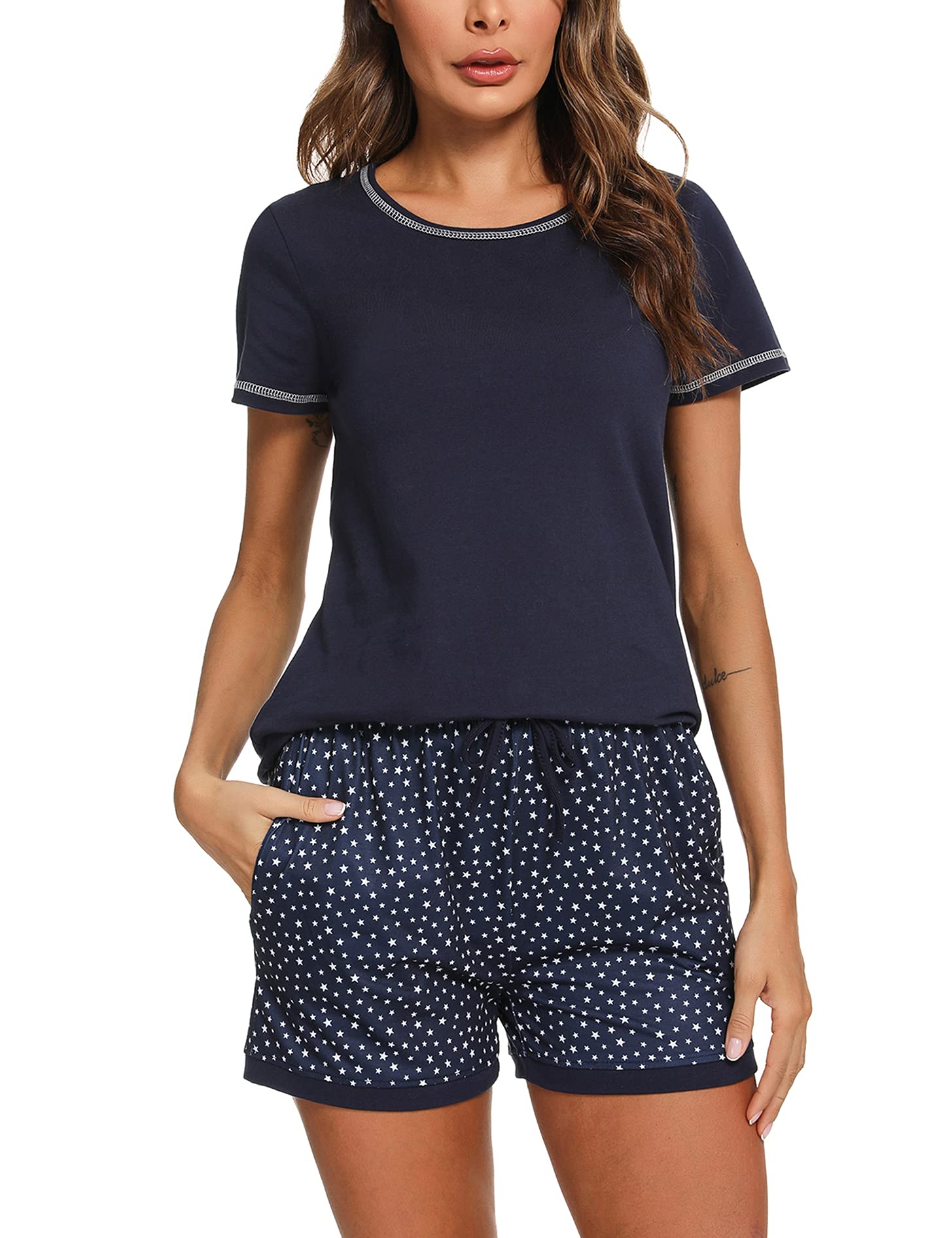 Litherday Pijama Mujer Verano Manga Corta Algodón Pijamas Mujer Sexy Talla Grande Ropa para Dormir con Bolsillos y cordón S-XXL