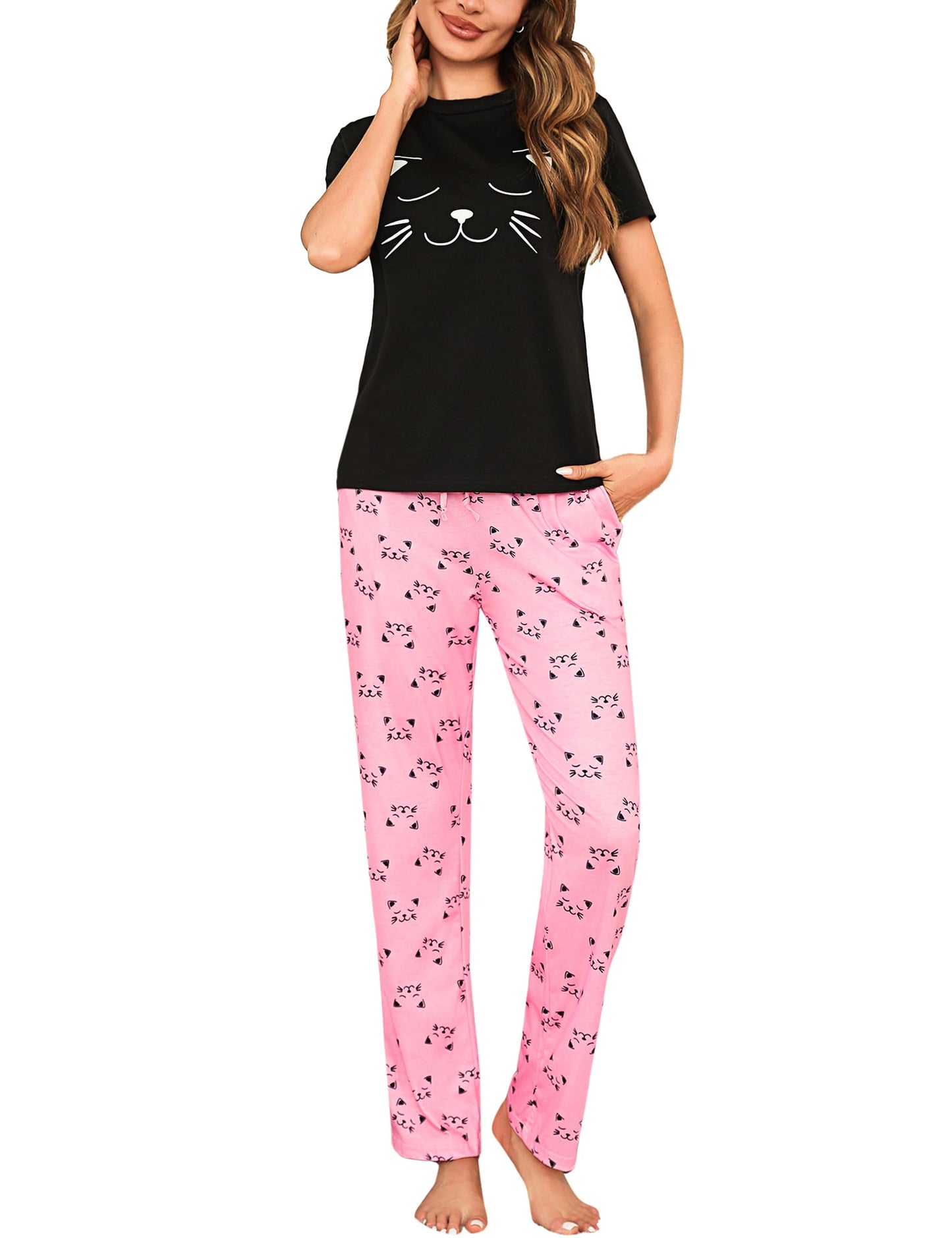 Litherday Pijama Mujer Algodón Invierno Pantalon Largo Manga Corta Ropa De Dormir Pijamas Estampados de Mujer Conjuntos de Pijama Ligero 2 Piezas S-XXL