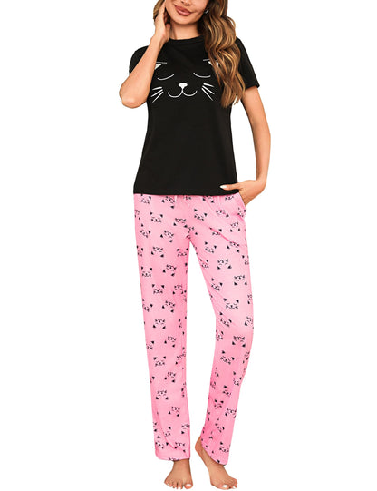Litherday Pijama Mujer Algodón Invierno Pantalon Largo Manga Corta Ropa De Dormir Pijamas Estampados de Mujer Conjuntos de Pijama Ligero 2 Piezas S-XXL