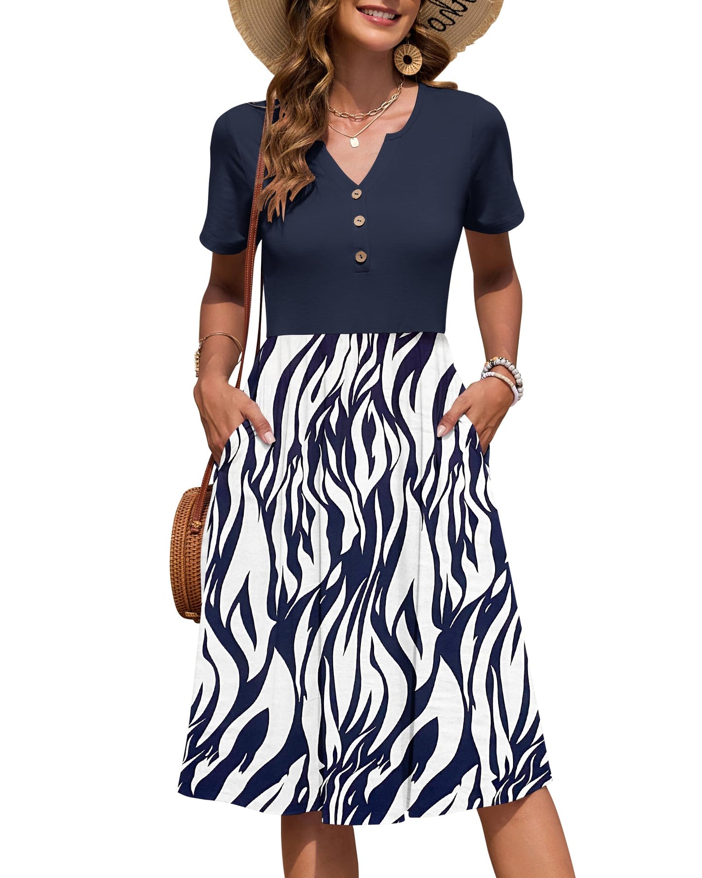 AUSELILY Women's Short Sleeve Summer Dress Knee Length Pockets | V Neck, Empire Casual Style, Button Down Dresses