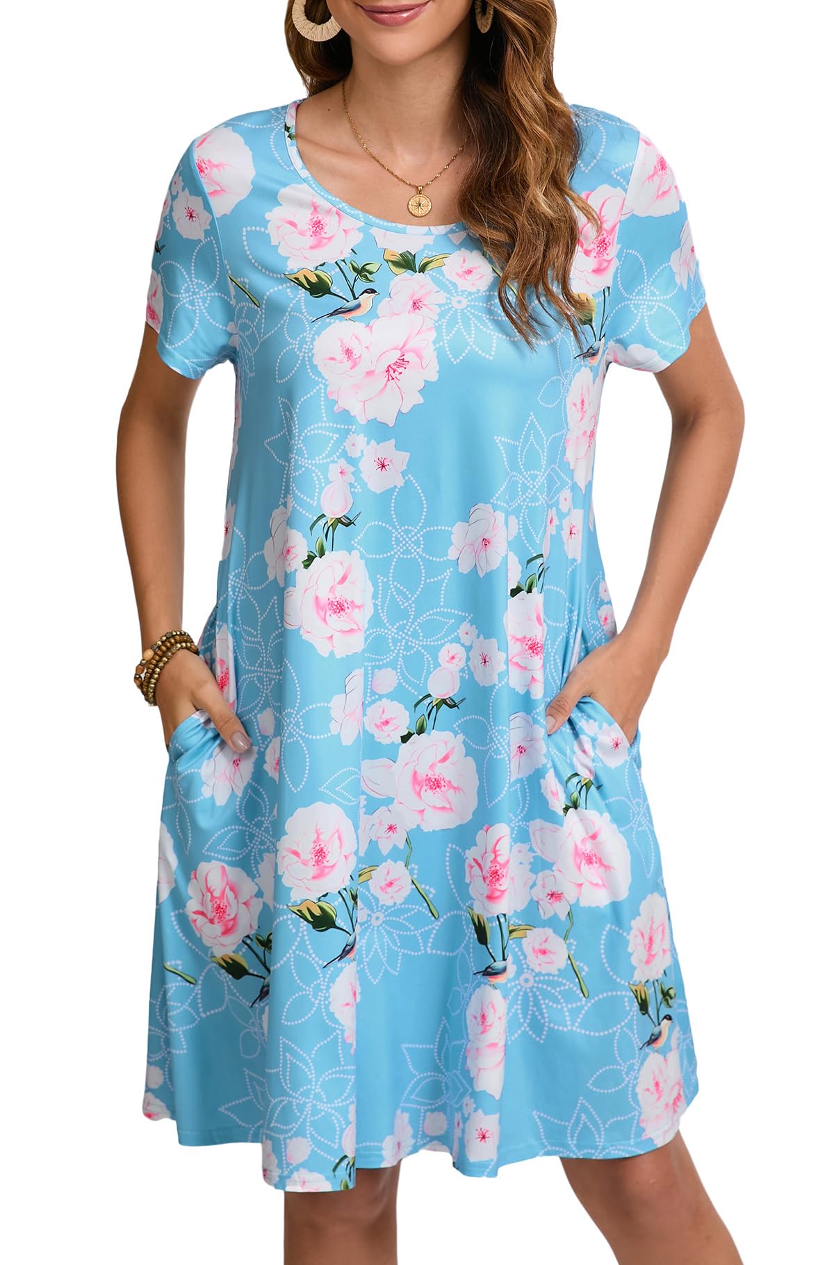 Enmain T-shirt Dress Women Short Sleeve Tunic Dress Summer with Pockets Casual Boho Knee Length Dresses for Women