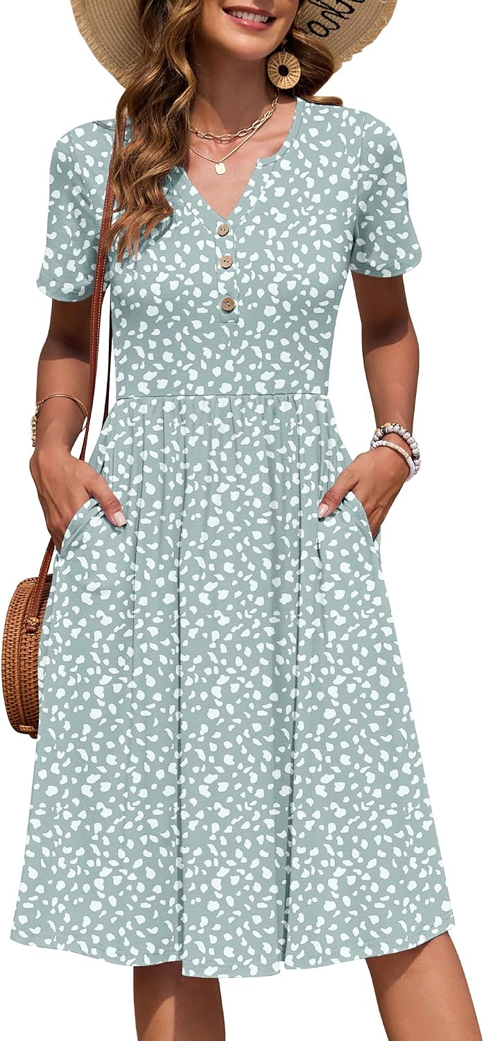 AUSELILY Women's Short Sleeve Summer Dress Knee Length Pockets | V Neck, Empire Casual Style, Button Down Dresses