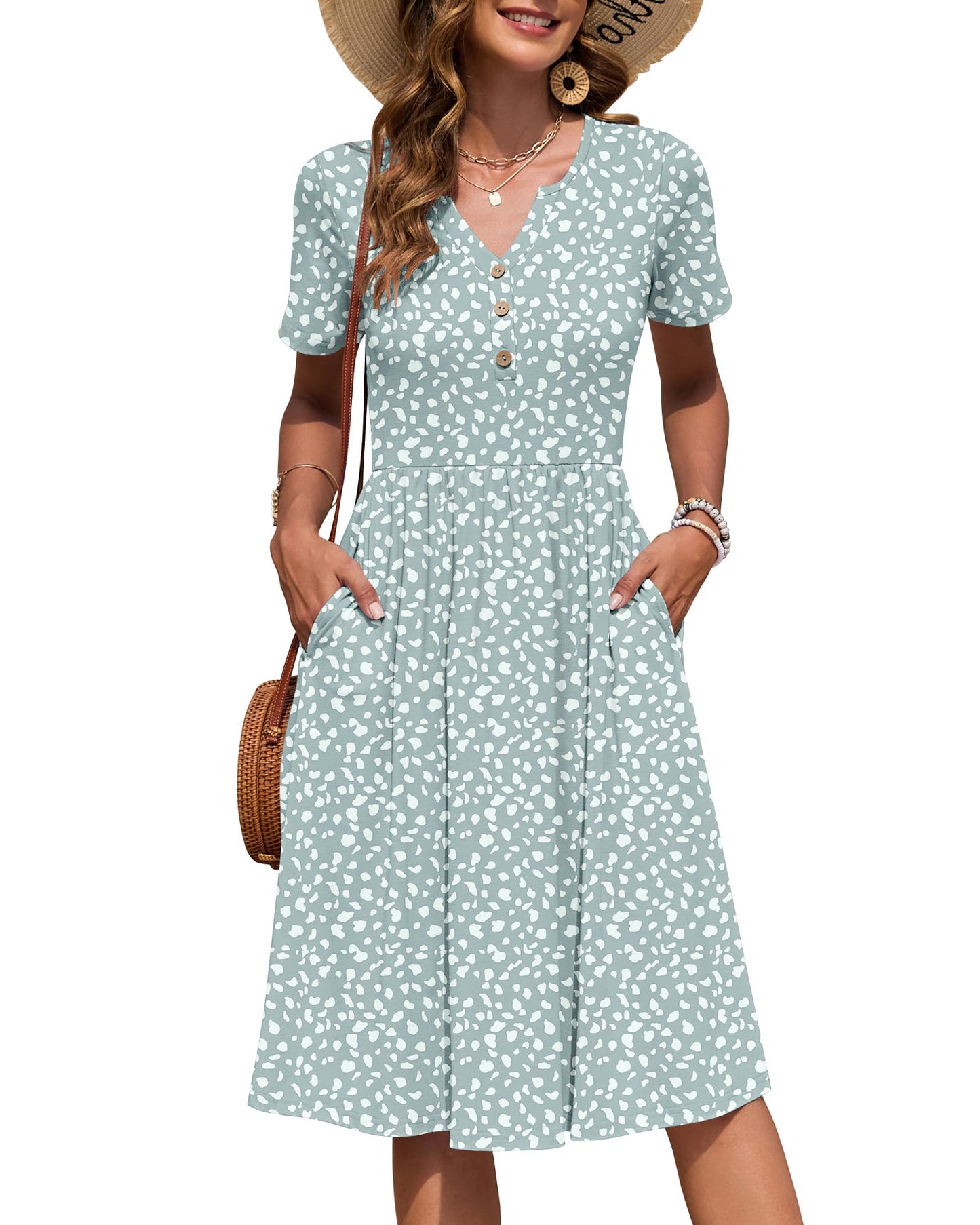 AUSELILY Women's Short Sleeve Summer Dress Knee Length Pockets | V Neck, Empire Casual Style, Button Down Dresses