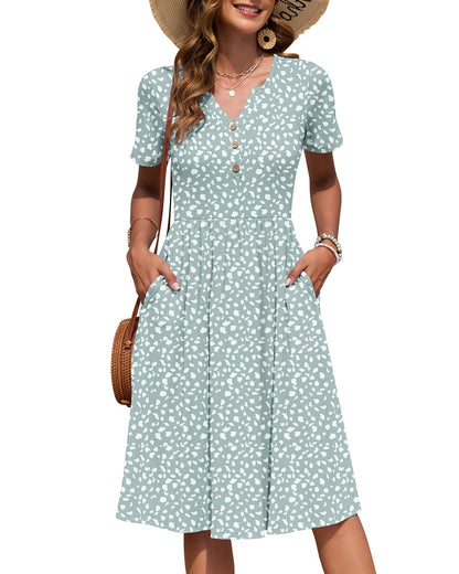 AUSELILY Women's Short Sleeve Summer Dress Knee Length Pockets | V Neck, Empire Casual Style, Button Down Dresses