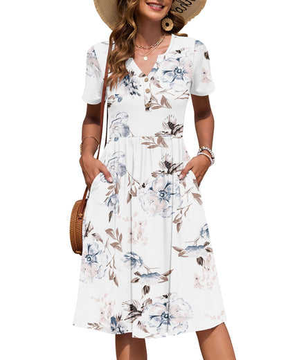 AUSELILY Women's Short Sleeve Summer Dress Knee Length Pockets | V Neck, Empire Casual Style, Button Down Dresses