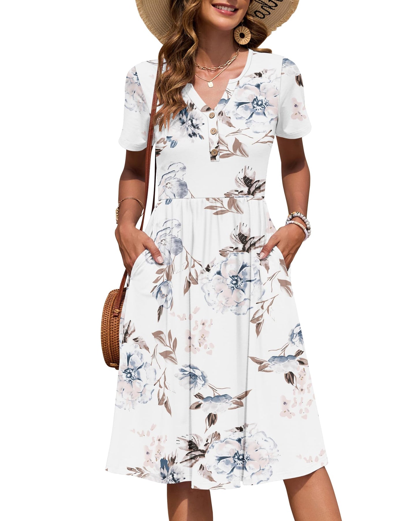 AUSELILY Women's Short Sleeve Summer Dress Knee Length Pockets | V Neck, Empire Casual Style, Button Down Dresses