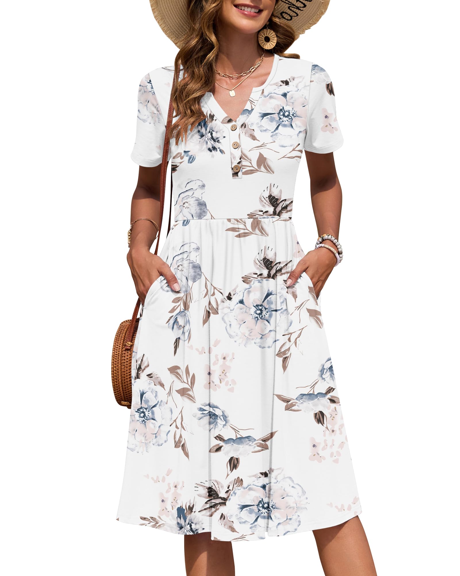 AUSELILY Women's Short Sleeve Summer Dress Knee Length Pockets | V Neck, Empire Casual Style, Button Down Dresses