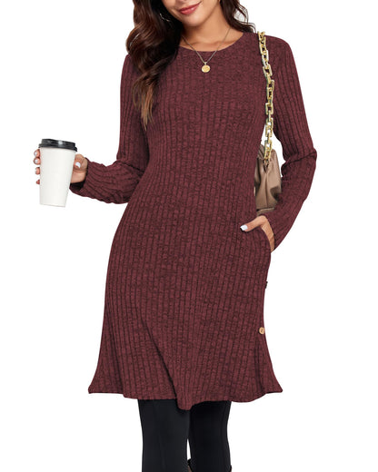 SENBATU Vestido de Manga Larga para Mujer Estilo Jersey de Invierno túnica con Botones Laterales y Bolsillos