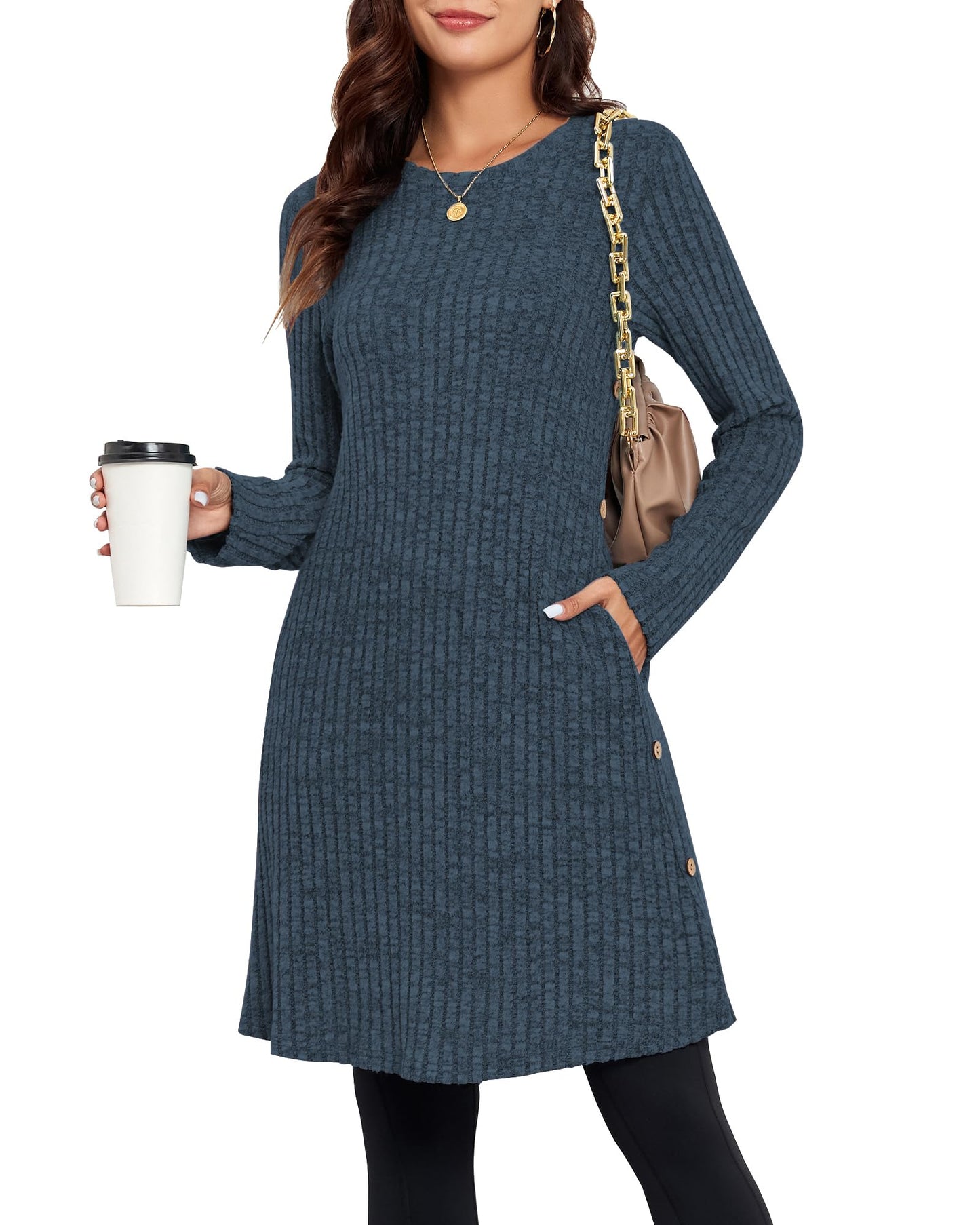 SENBATU Vestido de Manga Larga para Mujer Estilo Jersey de Invierno túnica con Botones Laterales y Bolsillos