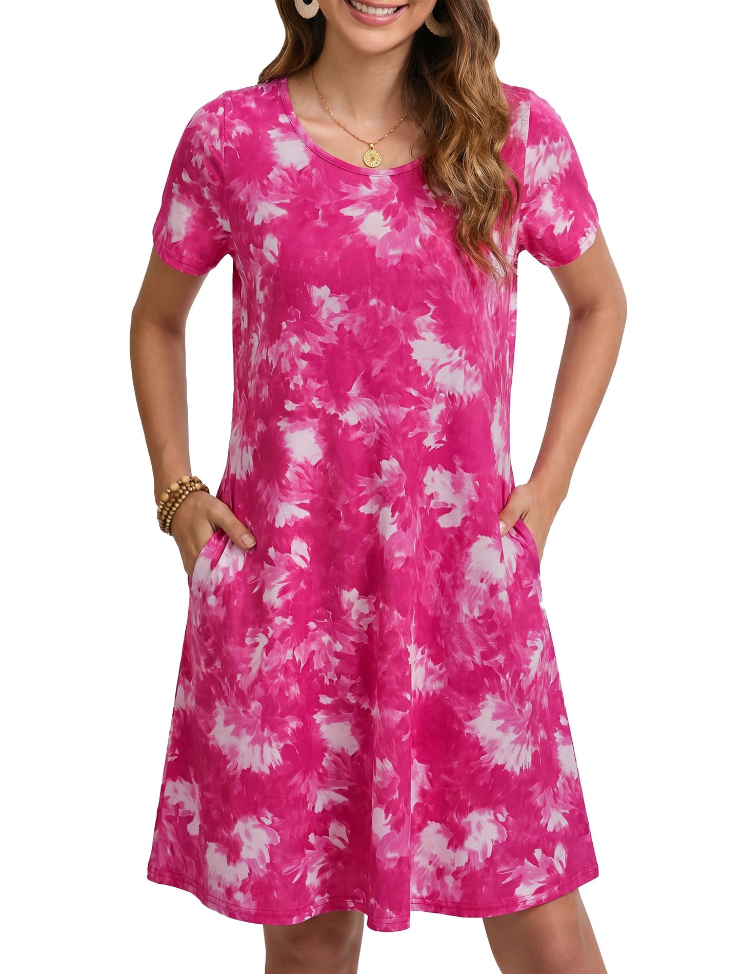 Enmain T-shirt Dress Women Short Sleeve Tunic Dress Summer with Pockets Casual Boho Knee Length Dresses for Women