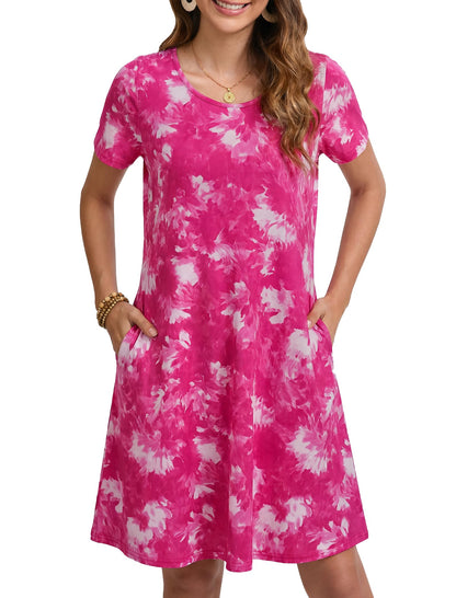Enmain T-shirt Dress Women Short Sleeve Tunic Dress Summer with Pockets Casual Boho Knee Length Dresses for Women