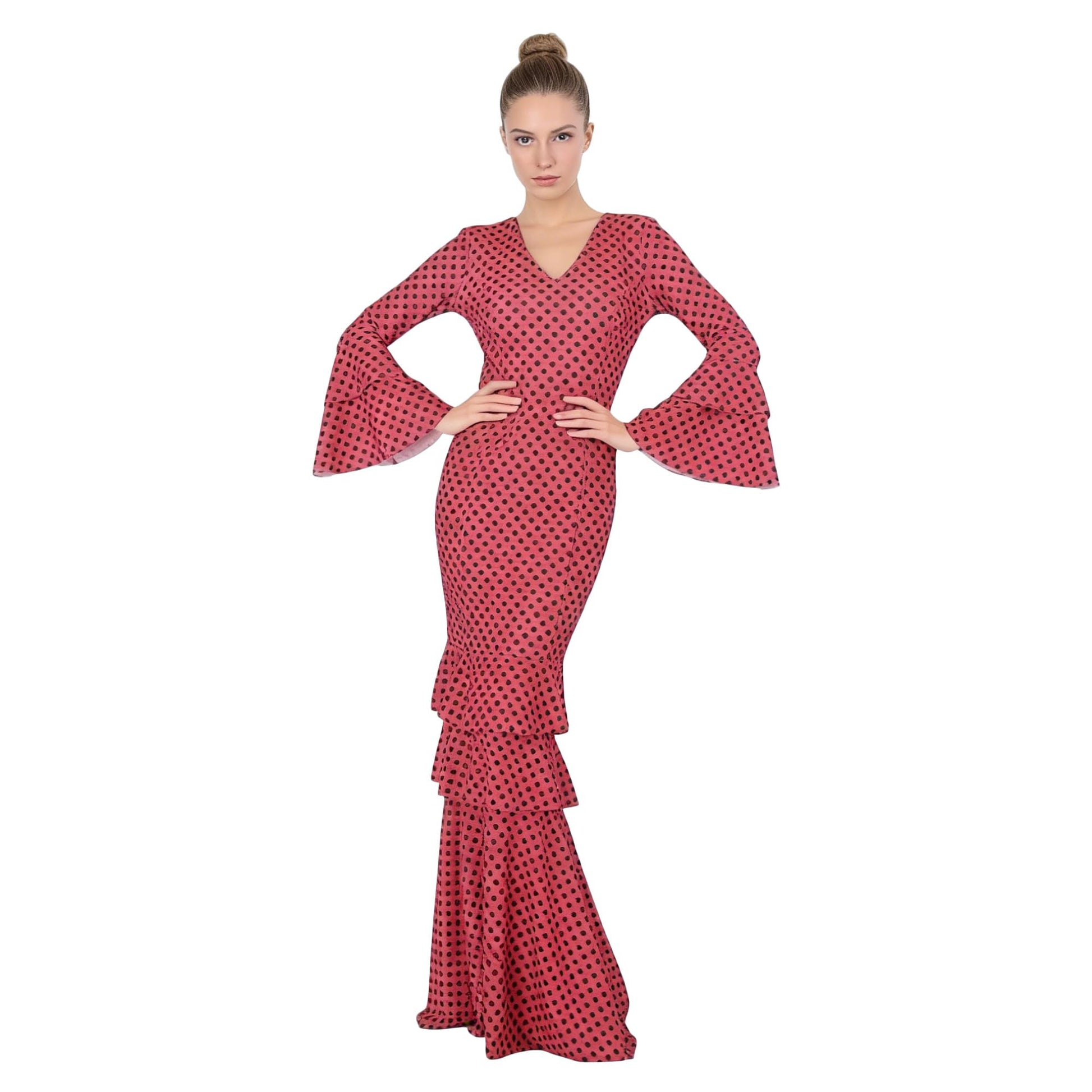 Flamenco Dress Woman Long - Sevillana Adult with Polka Dots and Bell Sleeves - Elegant Andalusian Costume for Fair and Dance