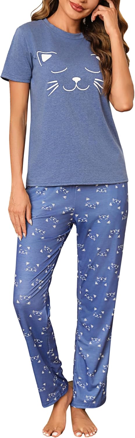 Litherday Pijama Mujer Algodón Invierno Pantalon Largo Manga Corta Ropa De Dormir Pijamas Estampados de Mujer Conjuntos de Pijama Ligero 2 Piezas S-XXL