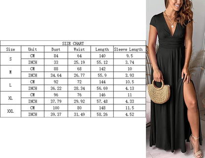 Long Dress Women Short Sleeve Dress Women Summer Elegant Dresses V Neck Split Summer Beach Party