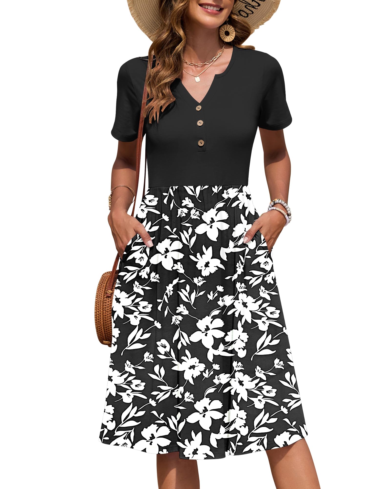 AUSELILY Women's Short Sleeve Summer Dress Knee Length Pockets | V Neck, Empire Casual Style, Button Down Dresses