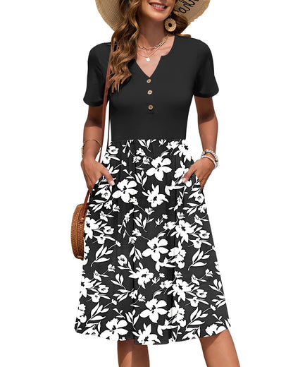 AUSELILY Women's Short Sleeve Summer Dress Knee Length Pockets | V Neck, Empire Casual Style, Button Down Dresses