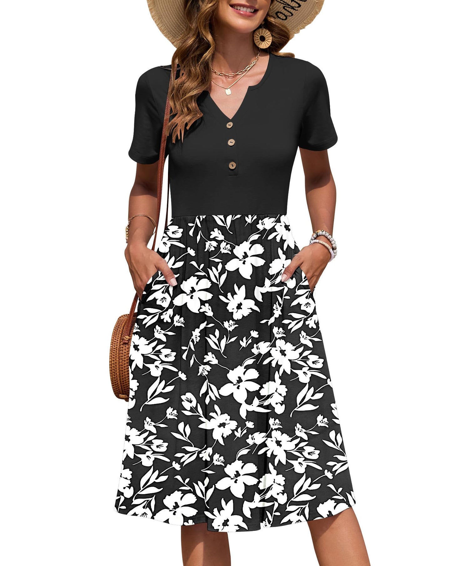 AUSELILY Women's Short Sleeve Summer Dress Knee Length Pockets | V Neck, Empire Casual Style, Button Down Dresses