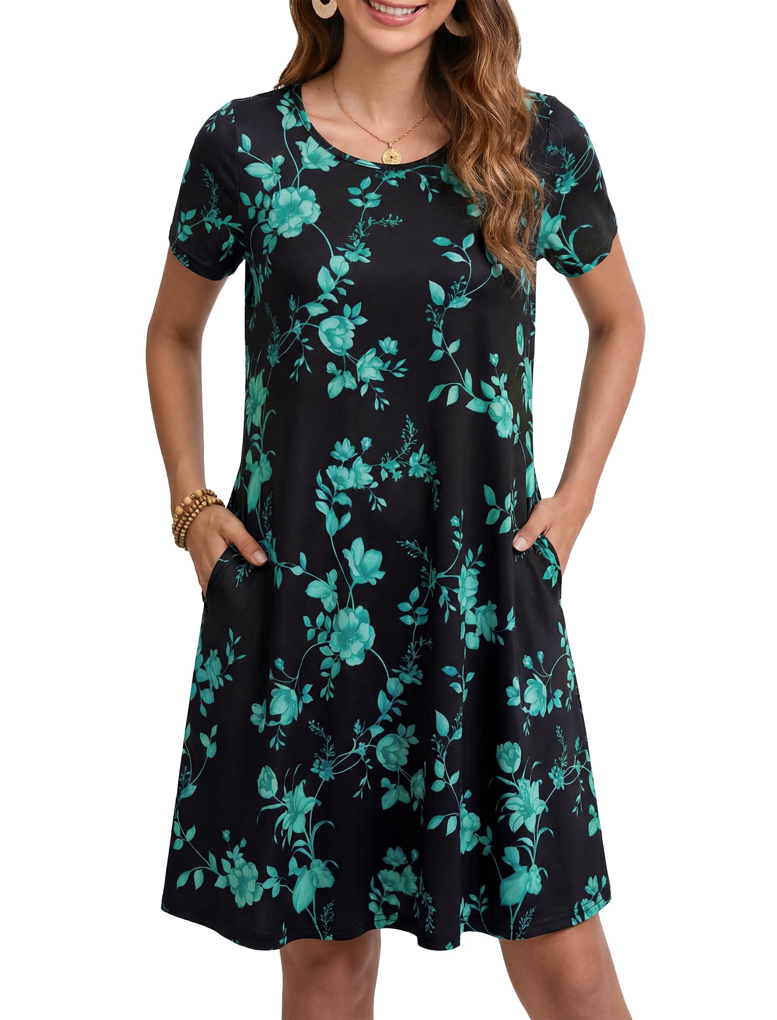 Enmain T-shirt Dress Women Short Sleeve Tunic Dress Summer with Pockets Casual Boho Knee Length Dresses for Women