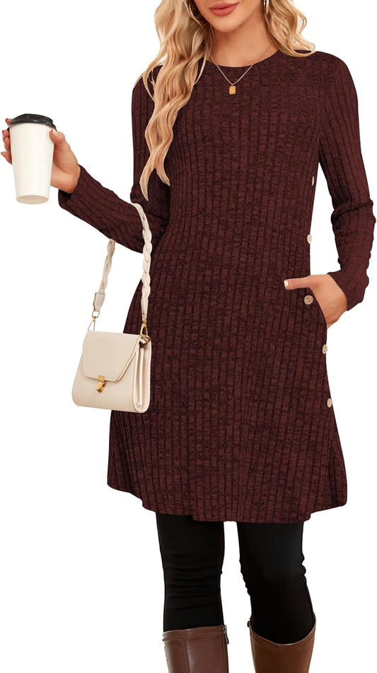 SENBATU Vestido de Manga Larga para Mujer Estilo Jersey de Invierno túnica con Botones Laterales y Bolsillos