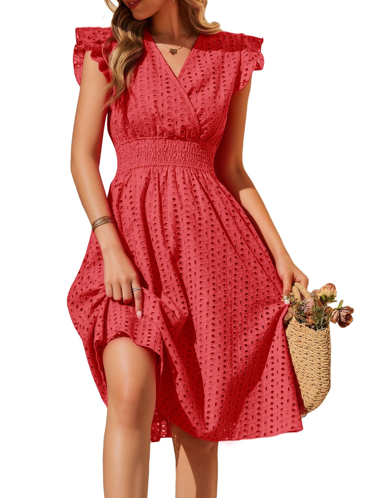 Dresses Summer Women Sleeveless Dresses Short V Neck Cotton Elegant Ruffle Sleeve Dress High Elastic Waist Mini Beach Dress Loose Casual with Pockets