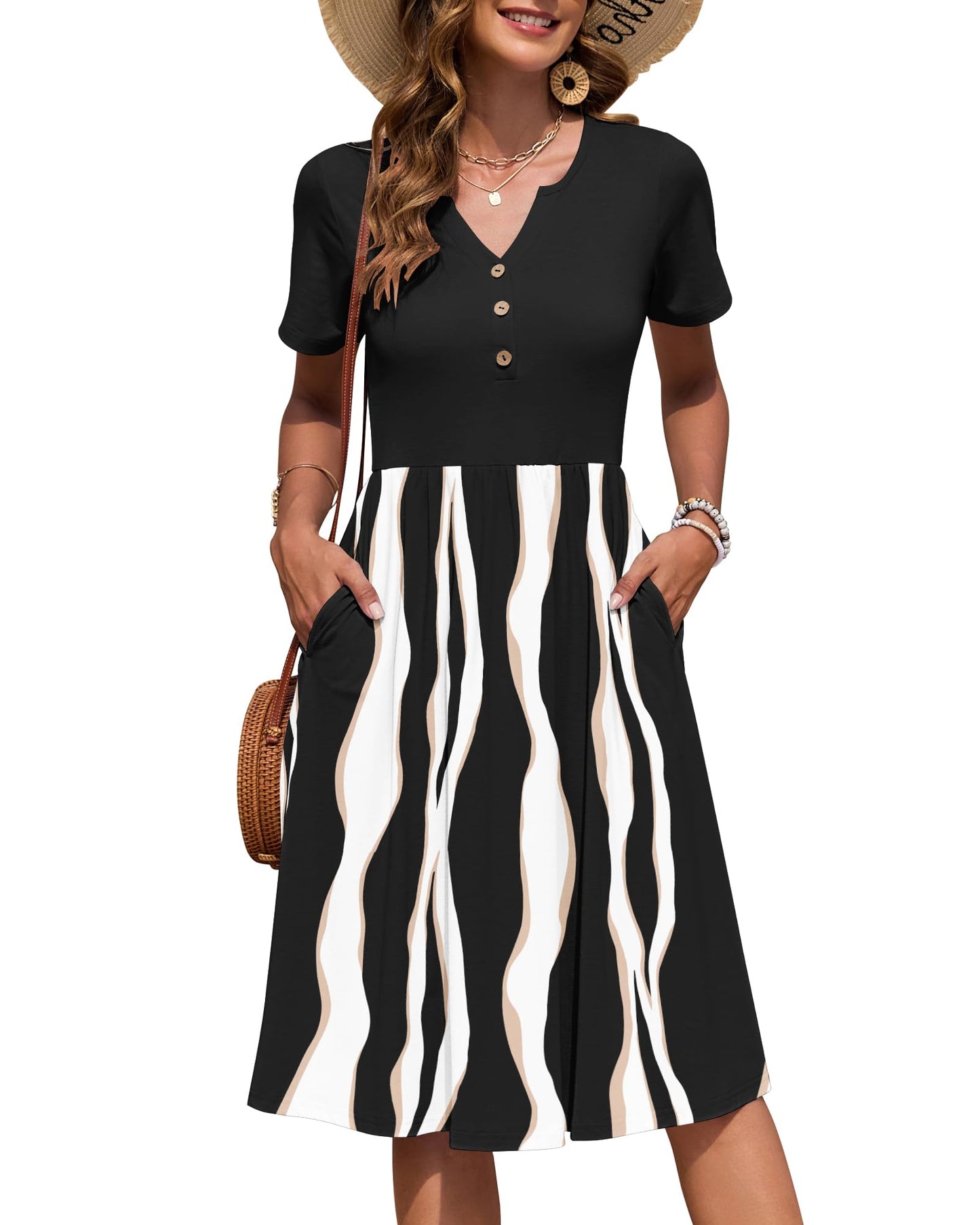 AUSELILY Women's Short Sleeve Summer Dress Knee Length Pockets | V Neck, Empire Casual Style, Button Down Dresses