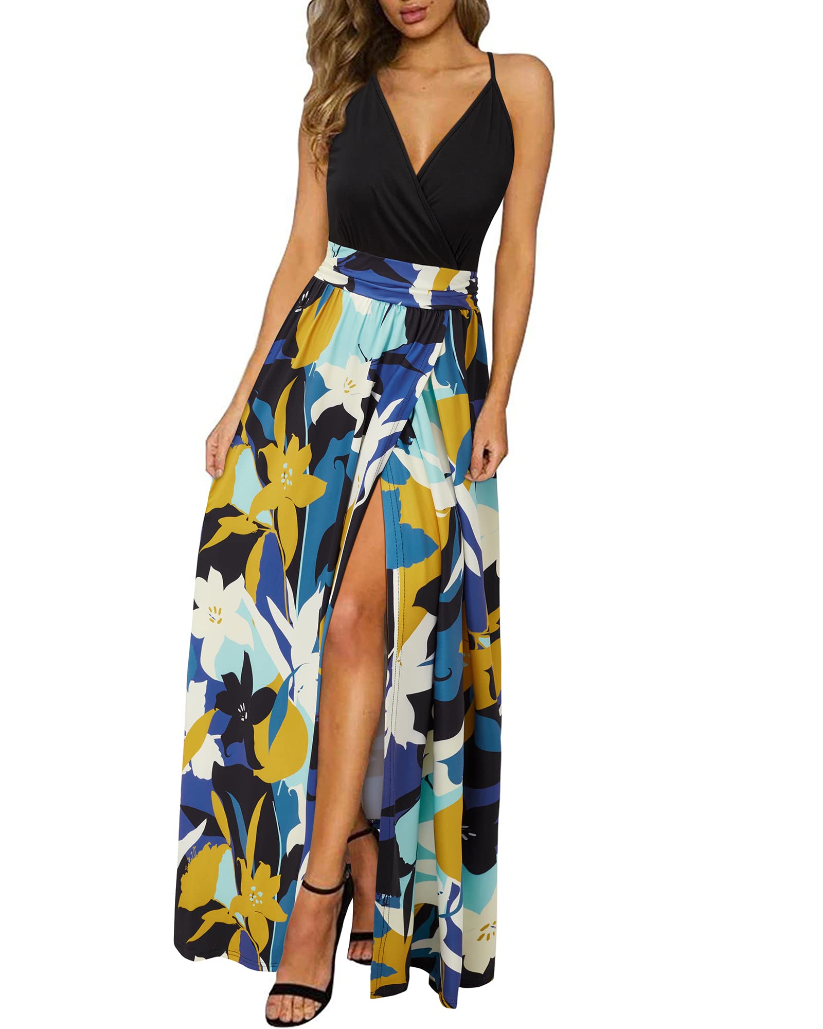 Newshows Women's Summer Dress V Neck Long Slit Maxi Elegant Wedding Guest Dress